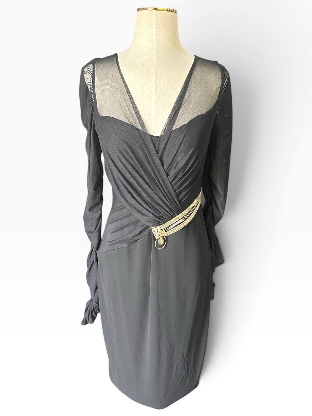 Versace Black Sheer Mesh Medusa Crystal Zip Draped Midi Dress IT 44/US 8 - Picture 2 of 13